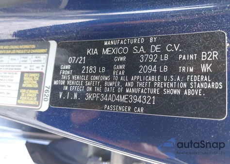 2021 Kia Forte Gt-Line from USA, damaged, VIN 3KPF34AD4ME394321